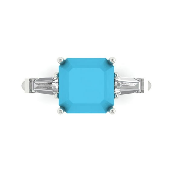 Clara Pucci 14K White Gold Solid Gold Turquoise Three-Stone Anniversary Ring for Women - 3 cttw Asscher Cut