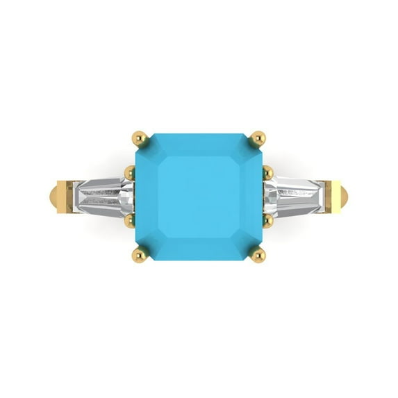 Clara Pucci 14K Yellow Gold Solid Gold Turquoise Three-Stone Anniversary Ring for Women - 3 cttw Asscher Cut