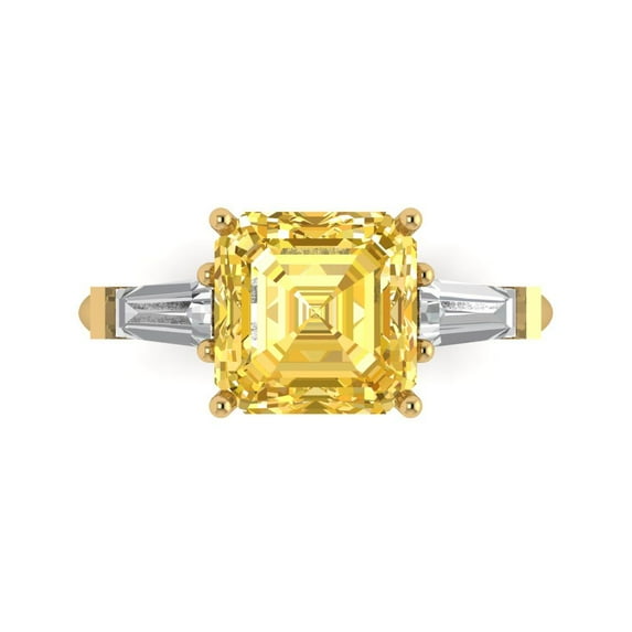 3ct asscher cut yellow Crystal 18k yellow gold engraving statement Bridal Wedding three-stone Designer Ring size 10.5