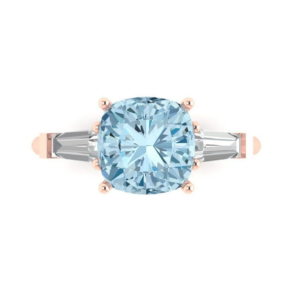 3 ct Cushion Cut Natural Aquamarine Three-Stone Engagement Ring for Women in 18K Rose Gold