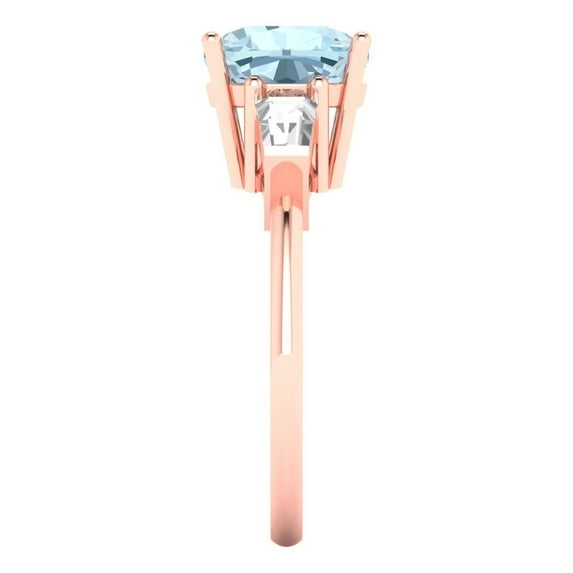 3 ct Cushion Cut Natural Aquamarine 3 Stone 18K Rose Gold Womens Engagement Ring