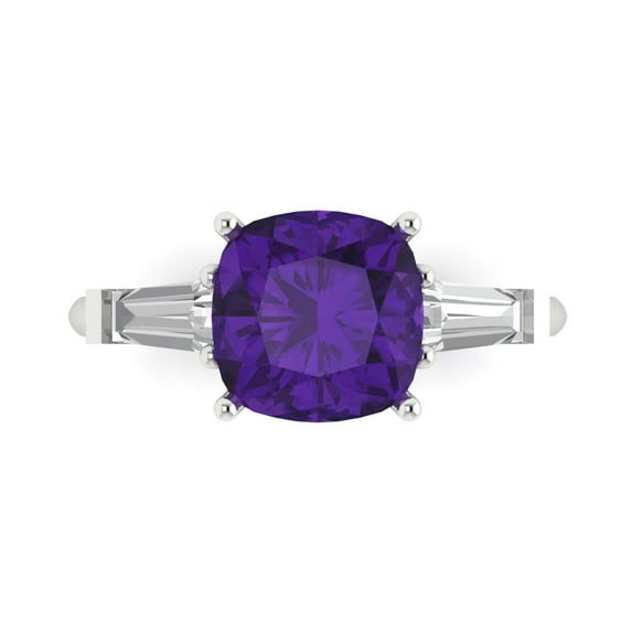 3 ct Cushion Cut Natural Amethyst 3 Stone 18K White Gold Womens Engagement Ring