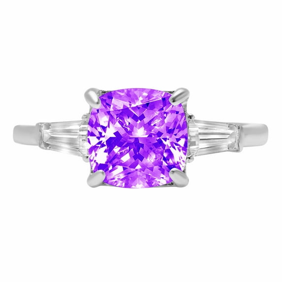 3 ct Cushion Cut Natural Amethyst 3 Stone 18K White Gold Womens Engagement Ring