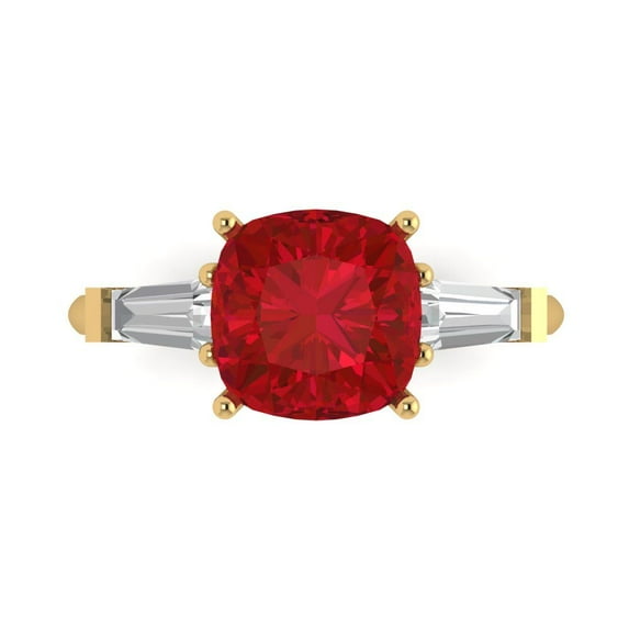 3 ct Cushion Cut Simulated Ruby Three-Stone Engagement Ring for Women in 18K Yellow Gold