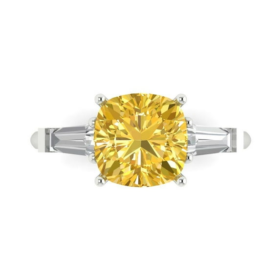 3 ct Cushion Cut Natural Citrine 3 Stone 18K White Gold Womens Engagement Ring
