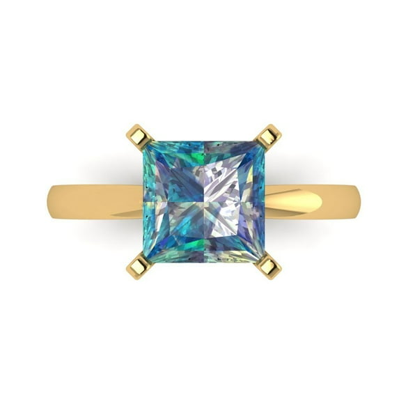 3 ct Princess Cut Blue Moissanite Solitaire 18K Yellow Gold Womens Engagement Ring