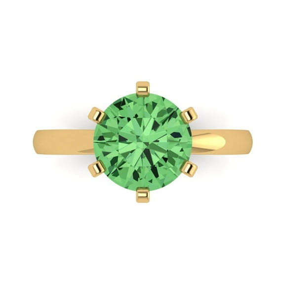 Clara Pucci 14K Yellow Gold Solid Gold Green Solitaire Anniversary Ring for Women - 3 cttw Round Cut