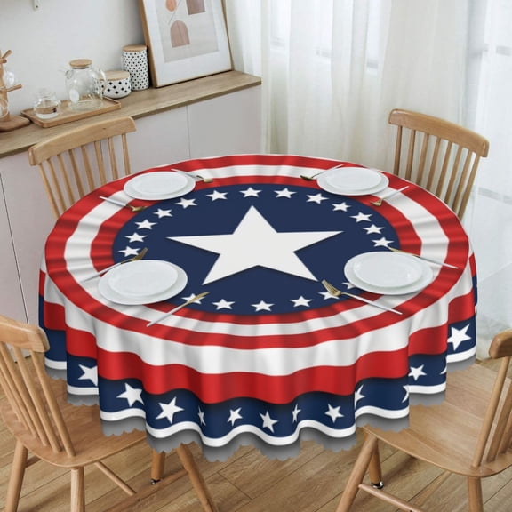 3d American Flag Rosette Emblem Round Tablecloth Waterproof Oil-Proof Plastic Table Cloth Stain-Resistant Wipeable 60" for Camping, Dining, Indoor and Outdoor