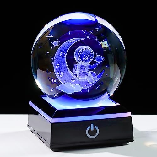 3d Astronaut Figurine Statue Crystal Ball 80mm 3.15inch - Space Astronomy Gifts Solar System Model Decor Crystal Sphere Unique Gifts For Men Him Birthday Dad Physics Science Teacher Night Light Lamp