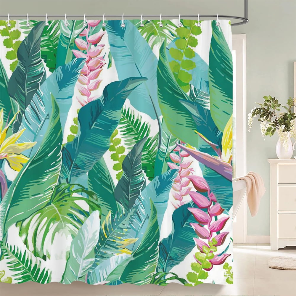 3d Bathroom Curtains Tropical Green Leaves Plants a Printing Shower ...