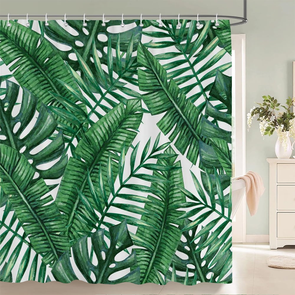3d Bathroom Curtains Tropical Green Leaves Plants a Printing Shower ...