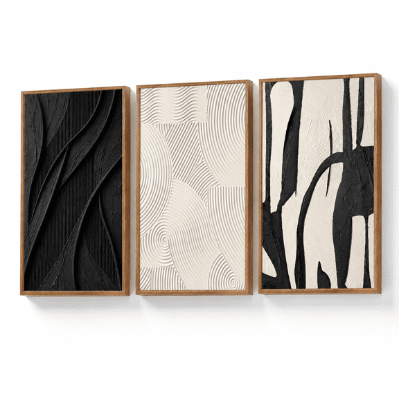 3d Black White Framed Canvas Art Prints, Minimalist Textured Wall Decor Set