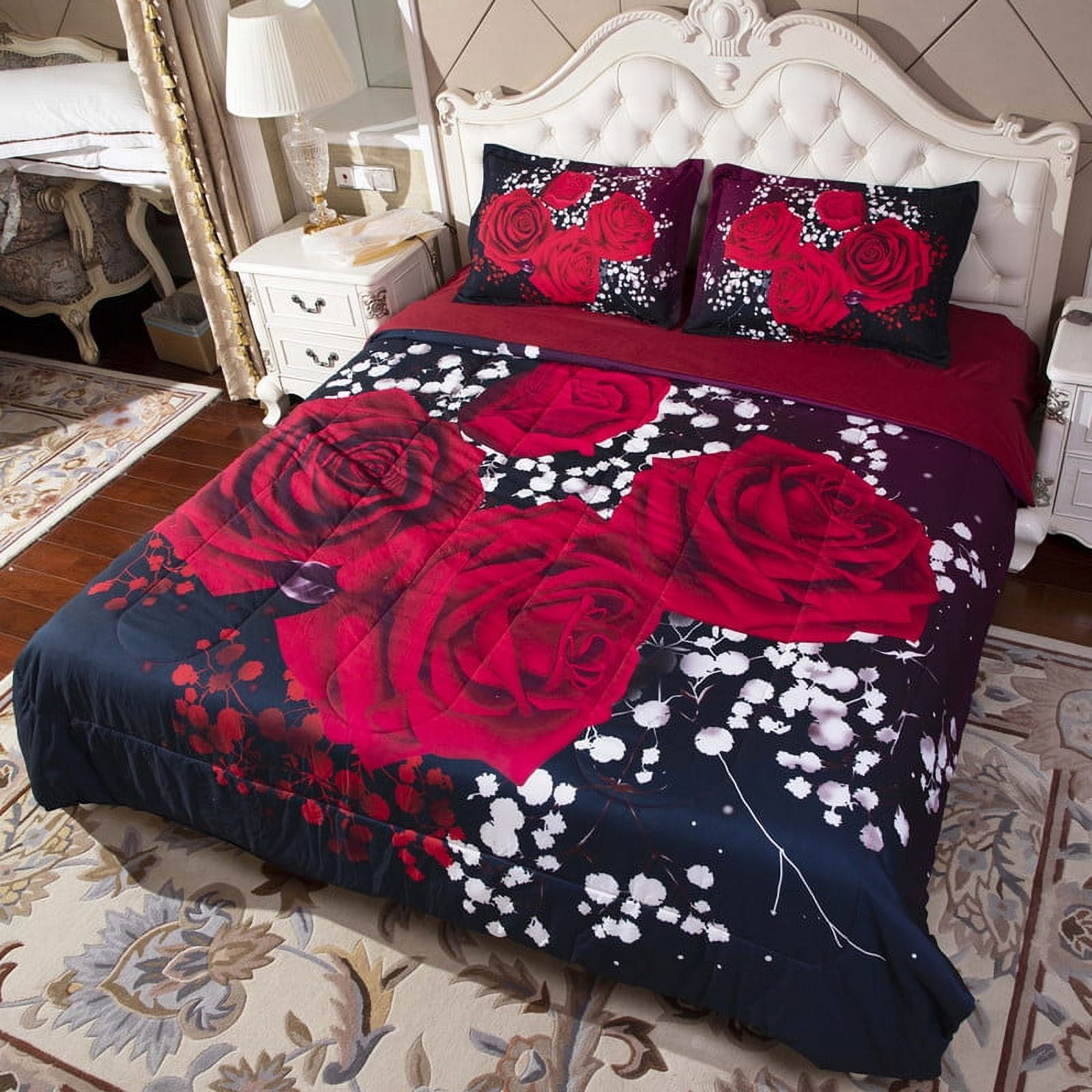 3d Black and Red Roses Comforter Set Full Size for Couples Girls Wedding Bedding Lightweight