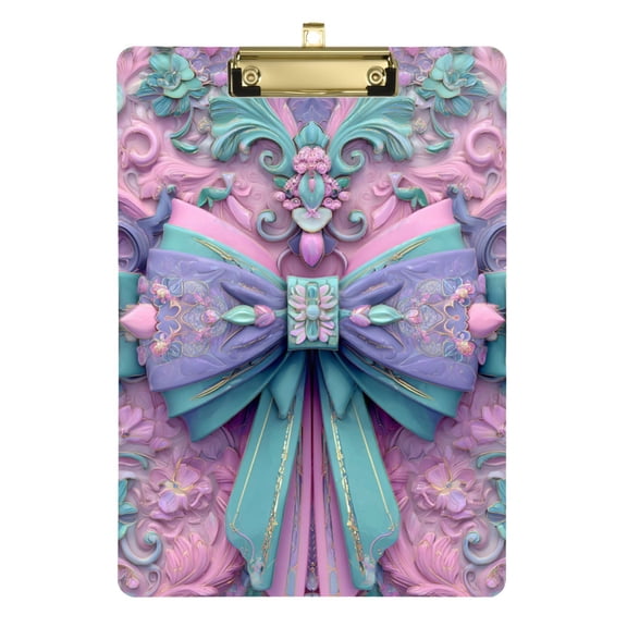 3d Bows Emboss Acrylic Clipboard Drawing Board with Hook Writing Pad File Storage A4 Size Gold 12.5" x 9"