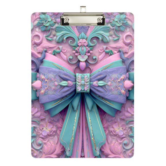 3d Bows Emboss Acrylic Clipboard Drawing Board with Hook Writing Pad File Storage A4 Size Silver 12.5" x 9"