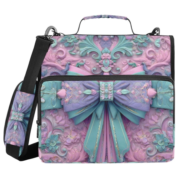 3d Bows Emboss Binder Bag with Shoulder Strap 3 Ring Zipper Binder File Folder Document Storage