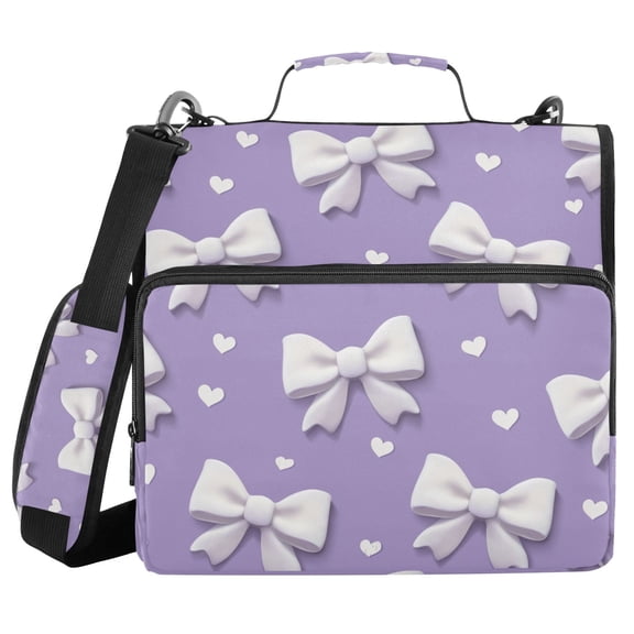 3d Bows Hearts Purple Background Valentine Binder Bag with Shoulder Strap 3 Ring Zipper Binder File Folder Document Storage