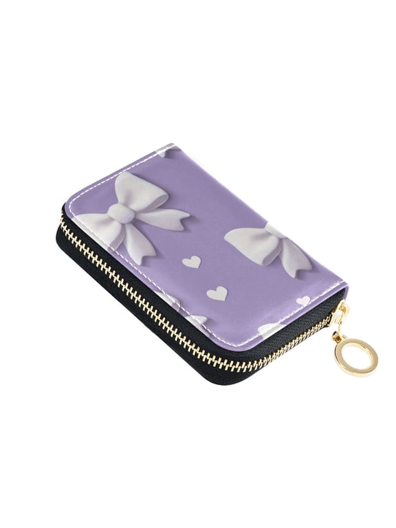 3d Bows Hearts Purple Background Valentine Women's Credit Card Holder PU Leather Zipper Wallet RFID Blocking