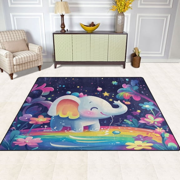 3d Cartoon Style Elephant 80''x58'' Extra Large Plush Memory Foam Rug, Soft, Absorbent, Non Slip