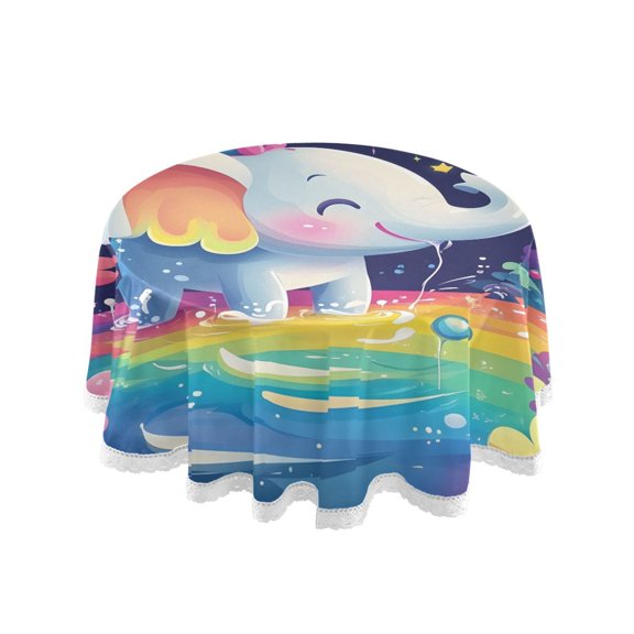 3d Cartoon Style Elephant Round Lace Tablecloth 60 Inch Polyester Wrinkle Resistant Decorative