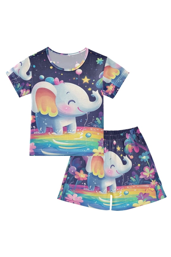 3d Cartoon Style Elephant Summer Pajama Set Soft Cotton Short Sleeve Sleepwear 2PCS Pajama Sets Breathable Lounge Set Size 8Y