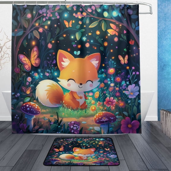 3d Cartoon Style Fox Bathroom Accessory Sets Waterproof Shower Curtain with Anti-Slip Bath Mat Durable Combo