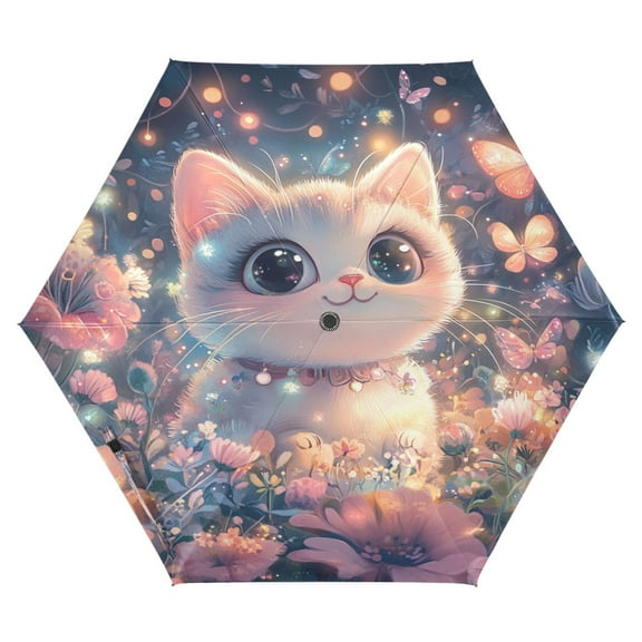 3d Cartoon Style Kitten Folding Umbrella UV50+ Waterproof Sun Protection Auto Open Close Compact Fiberglass Frame