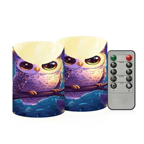 3d Cartoon Style Owl Flameless Candles 2 PCS with Remote Realistic Moving Flame LED Tapered Pillar Set for Home Decor