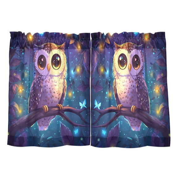 3d Cartoon Style Owl Kitchen Curtains Tier Set 27x24 Inch 2 Panels Semi Sheer Light Filtering Privacy UV Protection