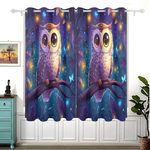 3d Cartoon Style Owl Thermal Blackout Curtains 63x55 Inch 2 Panels Grommet Window Drapes for Bedroom Living Room