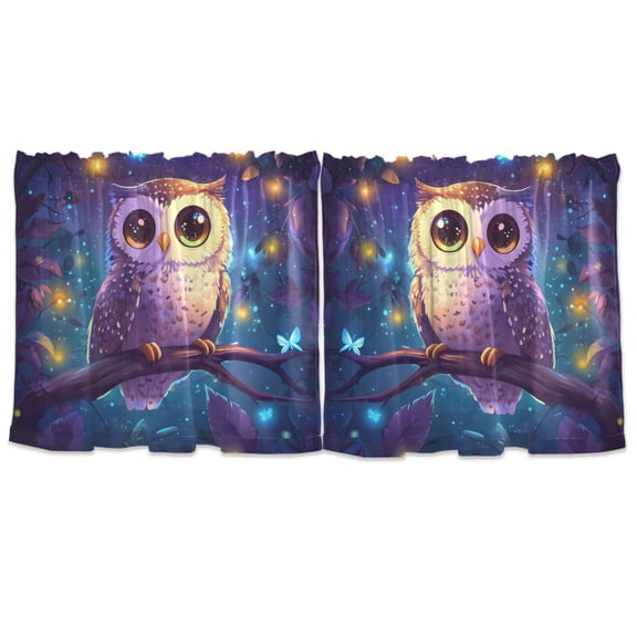 3d Cartoon Style Owl Tier Curtains for Kitchen 57x24 Inch Semi Sheer Light Filtering Half Window Curtains 2 Panels