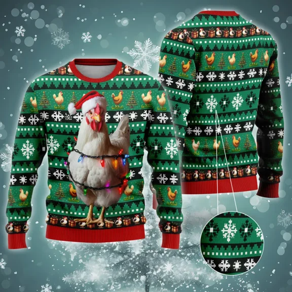 3d Chicken Xmas Lights Christmas Sweaters For Men Women, Merry Christmas All Over Printed Sweaters, Holiday Crewneck Unisex Pullover Sweater