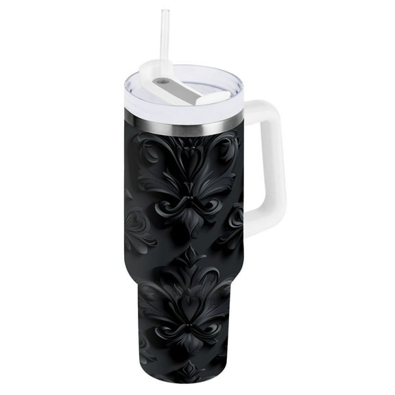 3d Dark Black Damask Tumbler with Handle and Straw Lid 40 oz Insulated Vacuum Water Bottle Stainless Steel Travel Cup