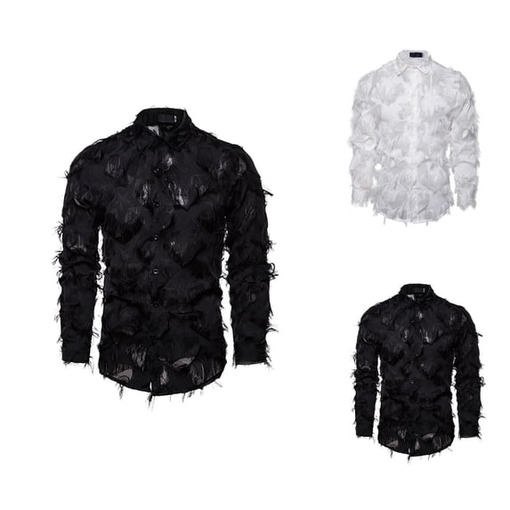 3d Feather Dress Shirt for Men Long Sleeve Button Down Collared Shirts Party Prom Shirt