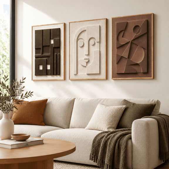 3d Geometric Neutral Abstract Face Framed Canvas Wall Art Set