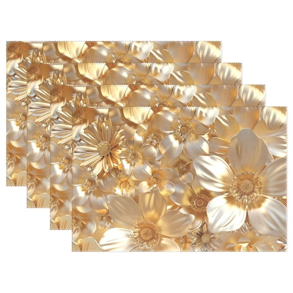 3d Gold Flowers 12×18 inch Placemats Heat Resistant Washable Foldable Rectangular Placemats Set Decoration Indoor Outdoor for Kitchen Dining Table 1PC