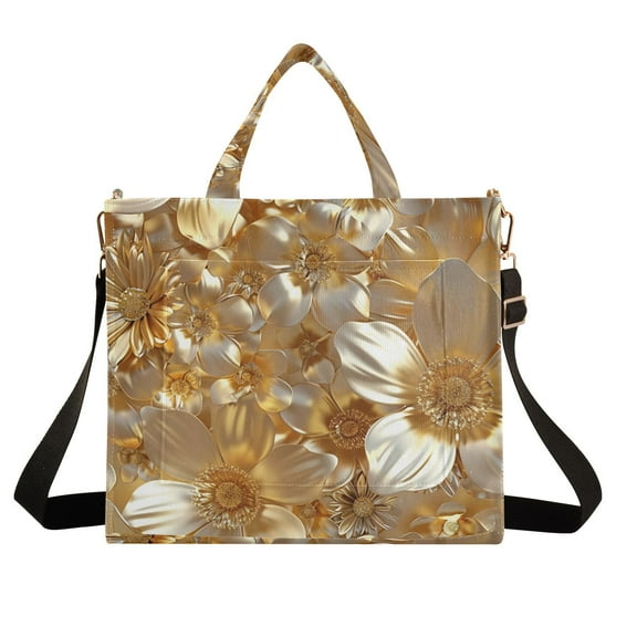 3d Gold Flowers Corduroy Tote Bag Handbag Large Messenger Bag Shoulder Crossbody Zipper Bag Purse