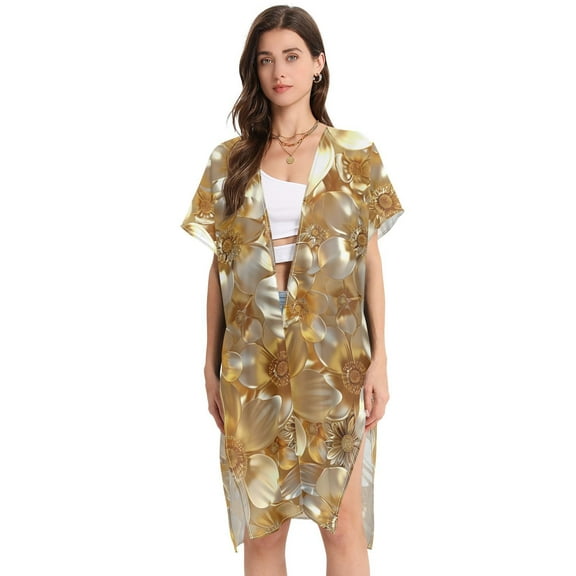 3d Gold Flowers Women Swimsuit Cover up V Neck Beach Dress Short Sleeve Vacation Outfits Swimwear