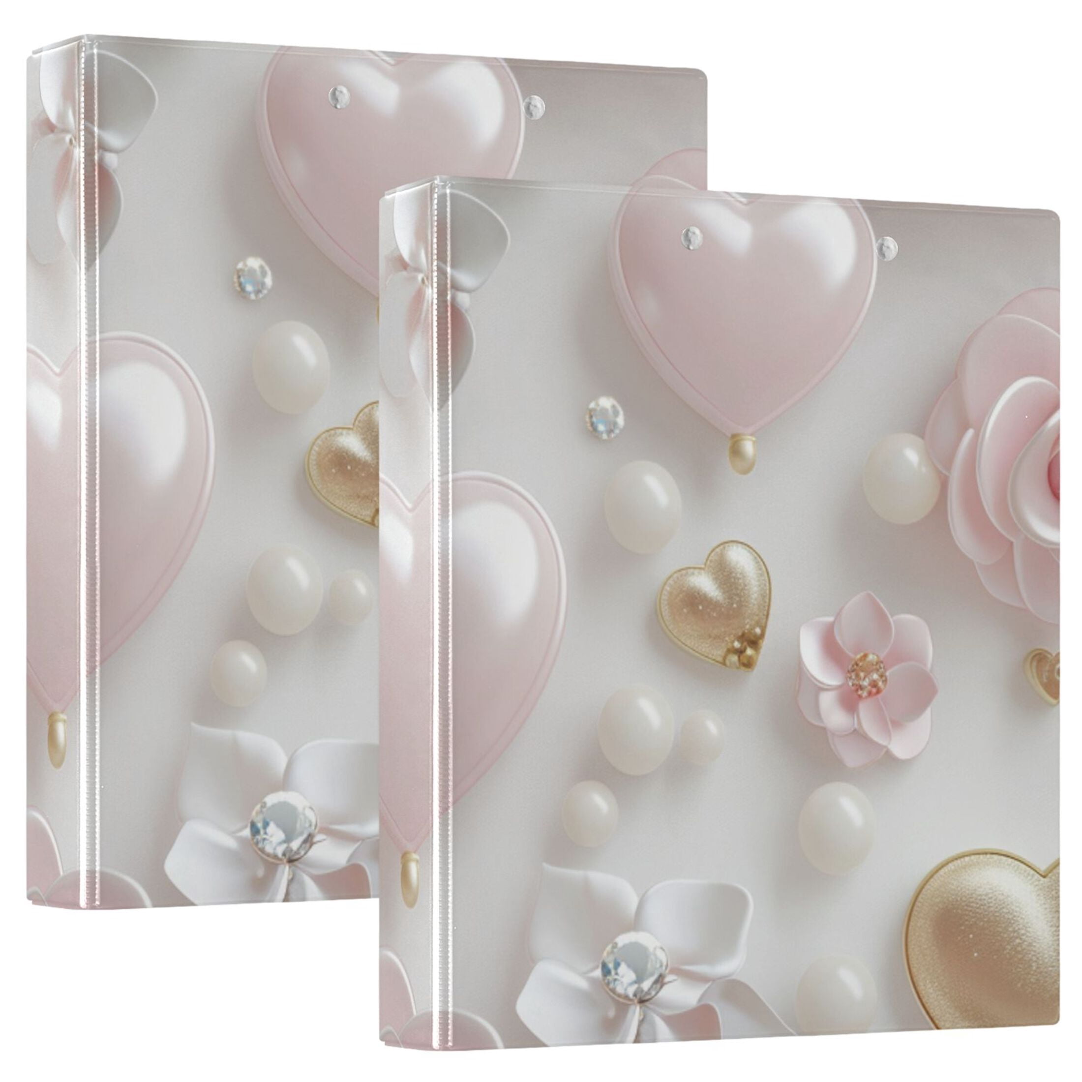 3d Hearts Flower Jewels Pearls 3 Ring Binders 1.5 inch Hardcover File Folders with Interior Pockets A4 Size Organizer for School Office Hospital