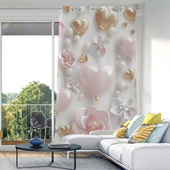 3d Hearts Flower Jewels Pearls Blackout Curtain Panels Drapes Privacy Assured with Light Filtering Curtains for Living room Bedroom Bathroom Window