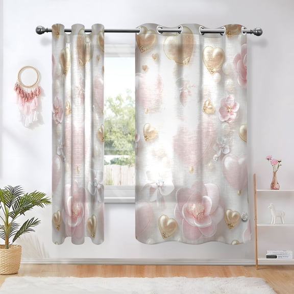3d Hearts Flower Jewels Pearls Blackout Curtains Thermal Insulation 63 inch Grommet for Bedroom Living Room Bathroom Kitchen Windows 2 Pack