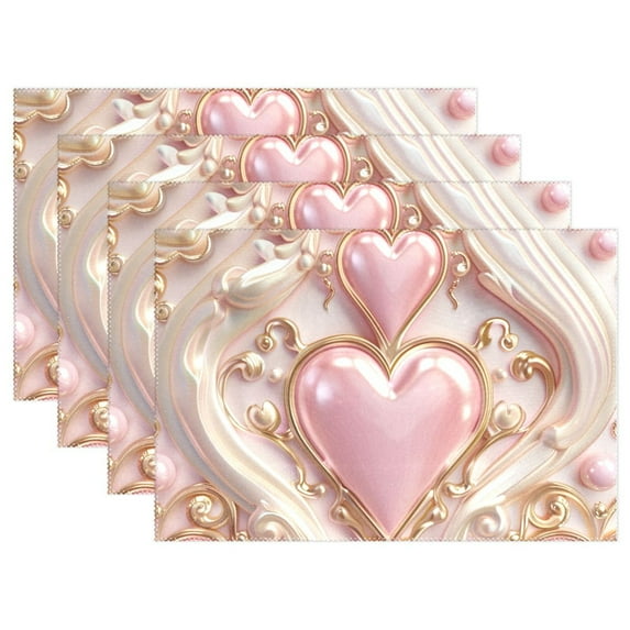 3d Hearts and Pearls 12×18 inch Placemats Heat Resistant Washable Foldable Rectangular Placemats Set Decoration Indoor Outdoor for Kitchen Dining Table 6PCs