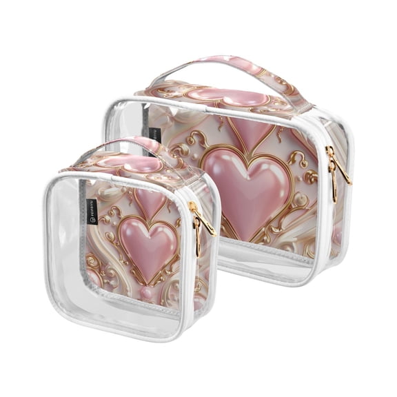 3d Hearts and Pearls Clear Cosmetic Bags with Handles PVC Toiletry Bags Zipper Waterproof Portable for Traveling 2 Pcs