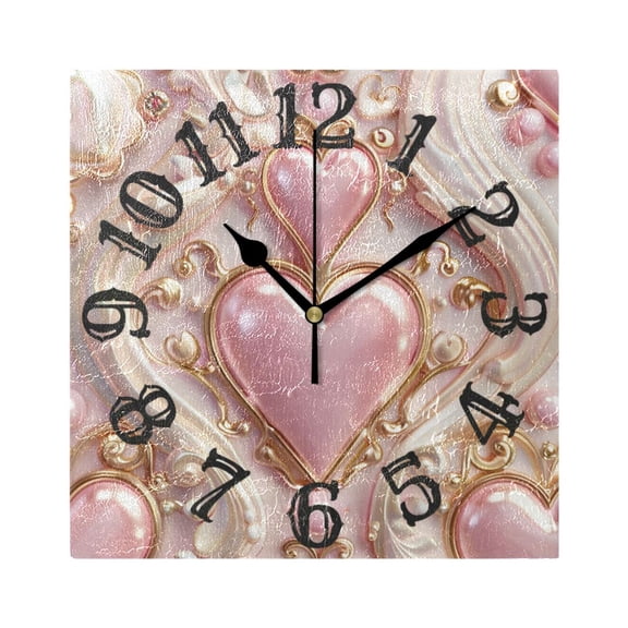 3d Hearts and Pearls Wall Clock Square Silent Non Ticking Battery Operated Clock for Home Bathroom Kitchen Bedroom Living Room