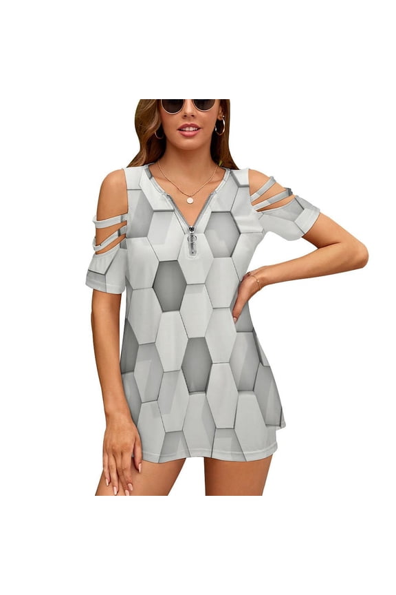 3d Hexagon Tile Brick Pattern Womens Summer V Neck Zipper Top Short Sleeve T Shirt Off Shoulder Top Casual Classy Loose Shirts