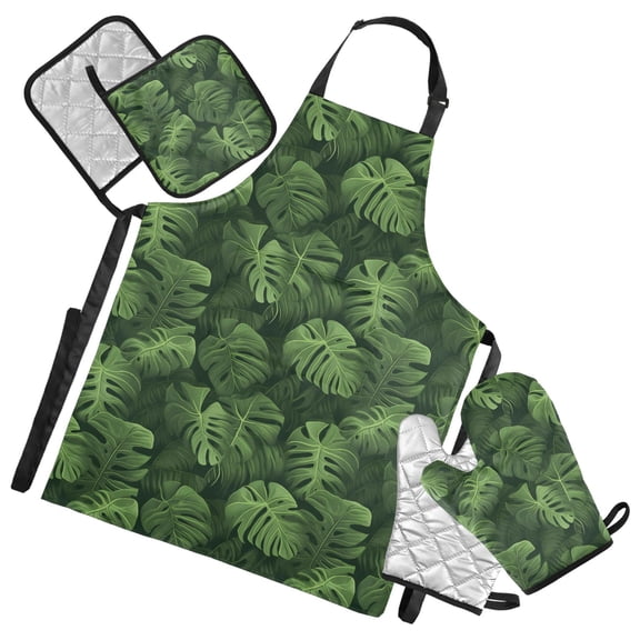 3d Monstera Leaves 5 Pcs Kitchen Set Heat Resistant Oven Mitts and Non-Slip Pot Holders with Adjustable Cooking Apron