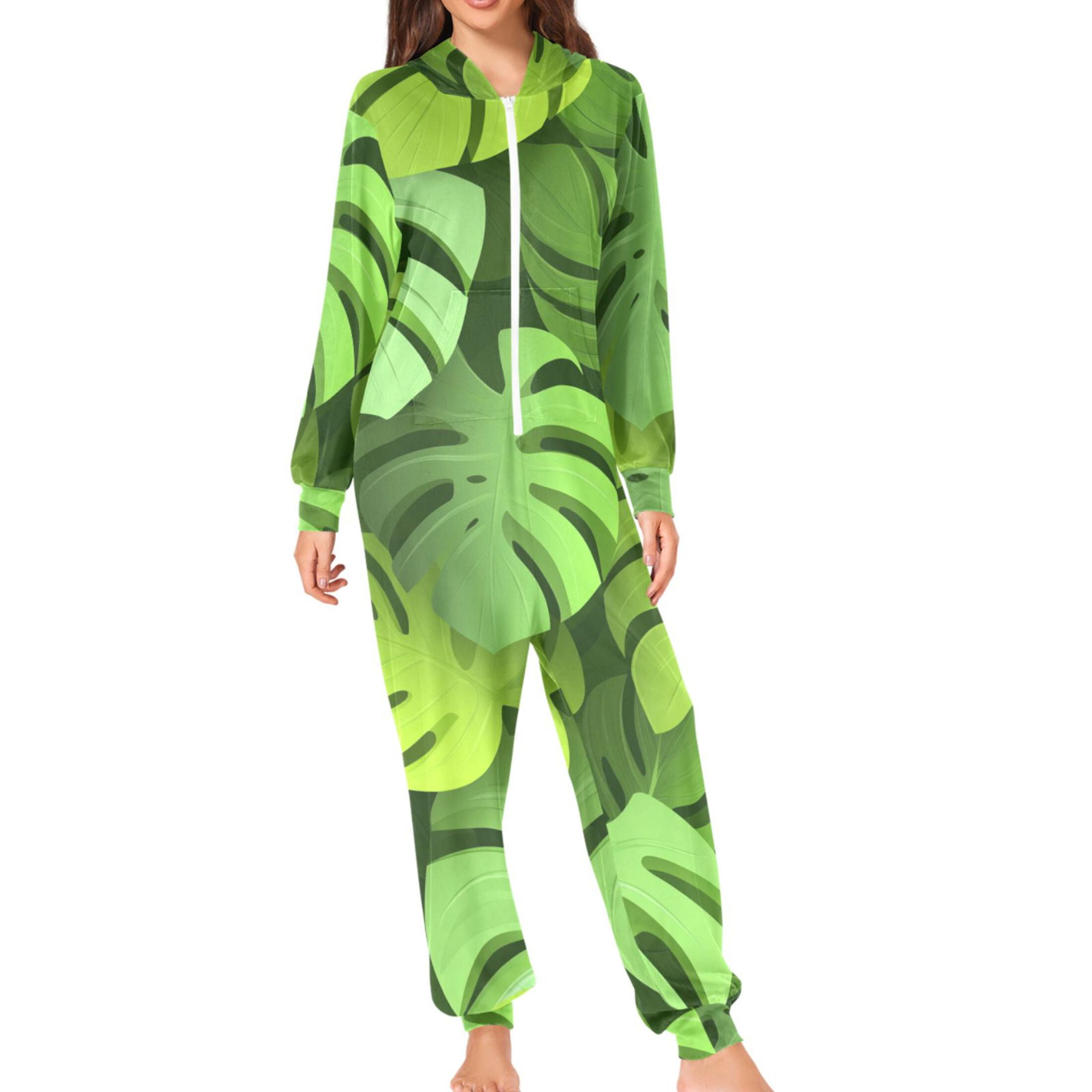 GETWELL 3d Monstera Leaves Adult's Hoodie Onesie Jumpsuit One-Piece Pajamas with Zipper Unisex for Holiday M, Adult Unisex, Size: Medium, Green