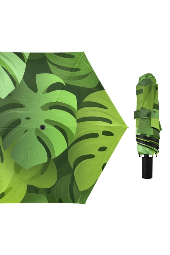 3d Monstera Leaves All Weather Umbrella Triple Folding Parasol 6 Ribs UV Protection Portable