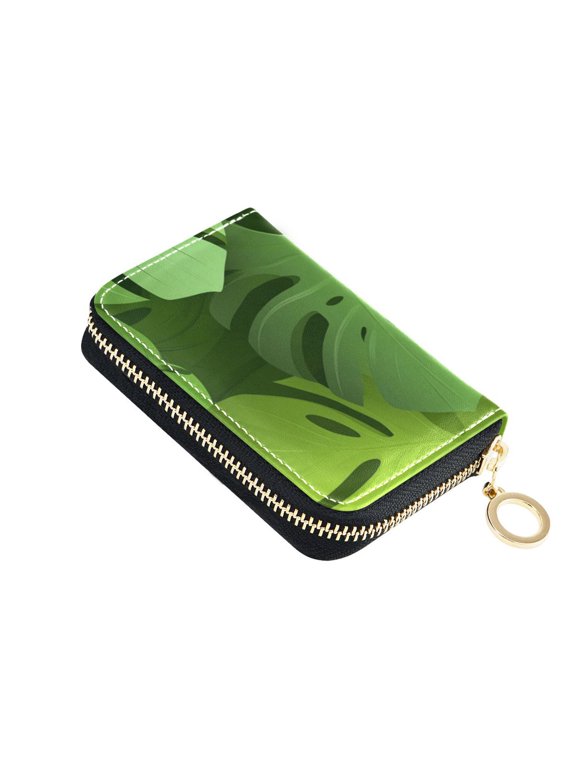 3d Monstera Leaves Women's Credit Card Holder PU Leather Zipper Wallet RFID Blocking