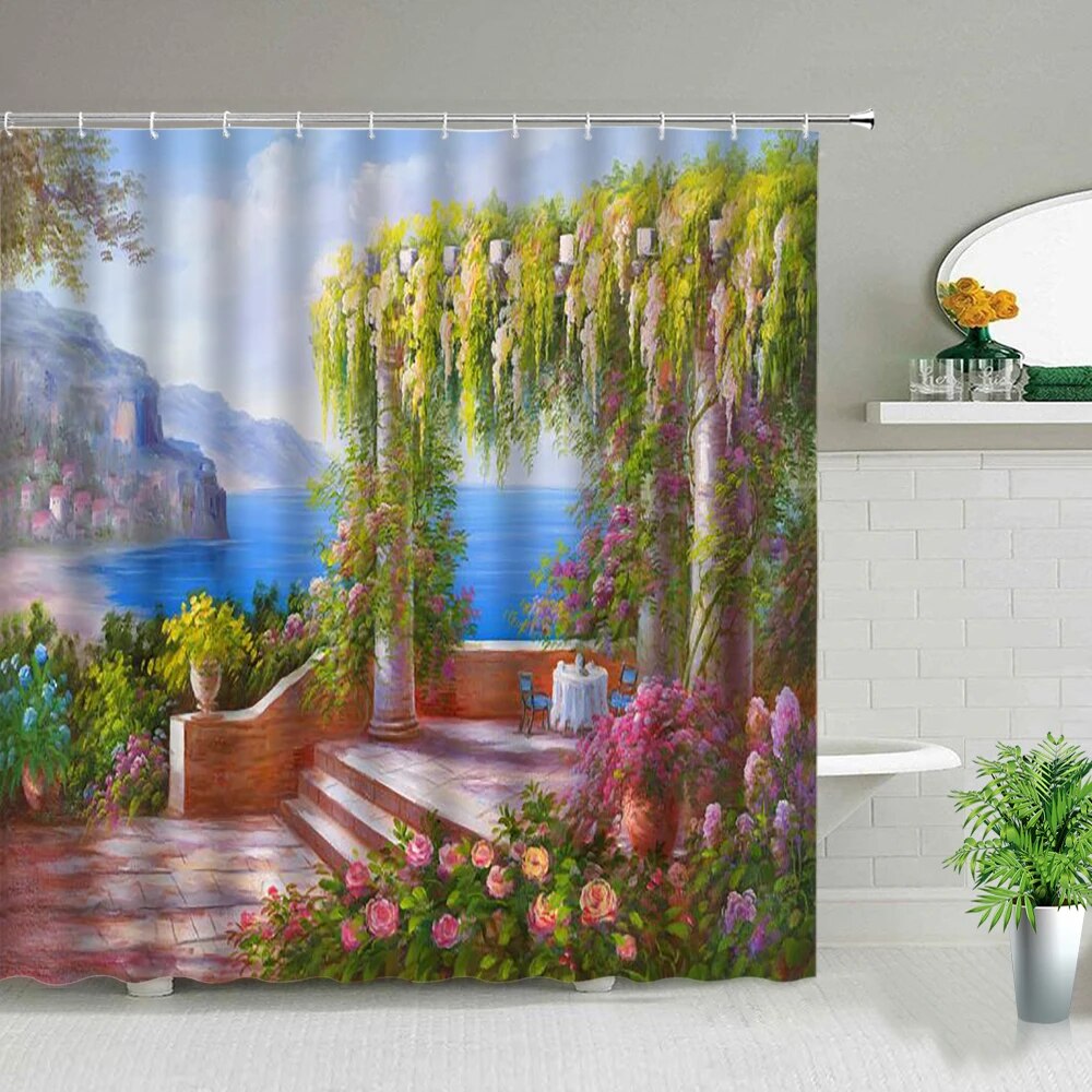 3d Nordic Italy Street Alley Shower Curtain Garden Flowers Scenery